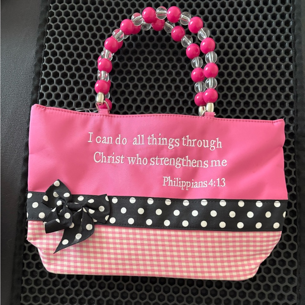 .Pink and Black Women's Handbag with Beaded Handle .